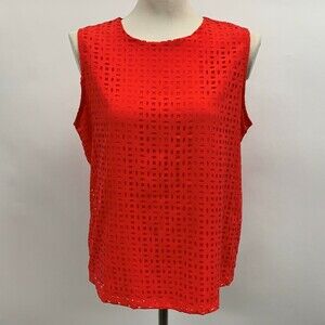 Cynthia Rowley Women's Top Medium Red Orange Sleeveless Eyelets Lined Laser Cut